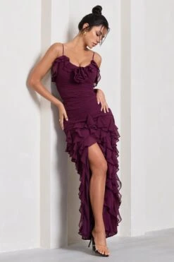 Walks Alone | Burgundy Ruched Strappy Split Maxi Dress With Ruffles -ENY Clothing Shop WB HR CL129665069 WalksAloneBurgundyRuchedStrappySplitMaxiDressWithRuffles4