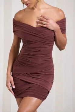 High Ground | Chocolate Brown Twisted Wrap Bardot Mini Dress -ENY Clothing Shop WB HR CL129670038 HighGroundChocolateBrownTwistedWrapBardotMiniDress3