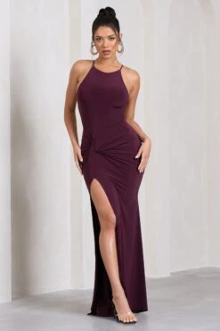 Stellar | Plum Halter-Neck Twisted Split Maxi Dress -ENY Clothing Shop WB HR CL129696069 StellarPlumHalter NeckTwistedSplitMaxiDress2