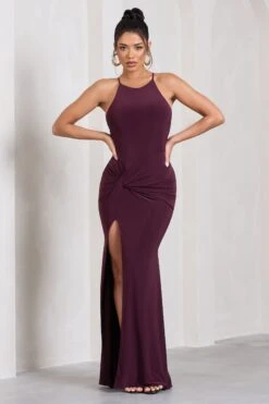 Stellar | Plum Halter-Neck Twisted Split Maxi Dress -ENY Clothing Shop WB HR CL129696069 StellarPlumHalter NeckTwistedSplitMaxiDress4