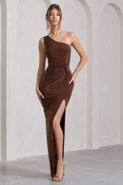 Coralina | Chocolate Brown Asymmetric Open-Back Split Maxi Dress -ENY Clothing Shop WB HR CL129773106 CoralinaChocolateBrownAsymmetricOpen BackSplitMaxiDress1