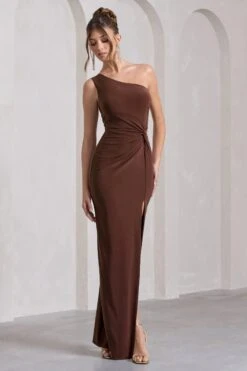 Coralina | Chocolate Brown Asymmetric Open-Back Split Maxi Dress -ENY Clothing Shop WB HR CL129773106 CoralinaChocolateBrownAsymmetricOpen BackSplitMaxiDress2