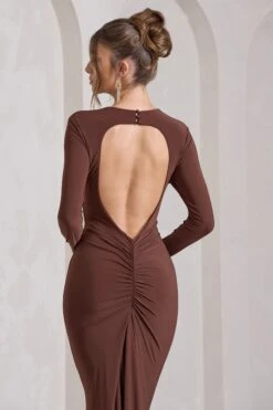 Starring | Chocolate Brown Long-Sleeve Backless Fishtail Maxi Dress -ENY Clothing Shop WB HR CL129776106 StarringChocolateBrownLong SleeveBacklessFishtailMaxiDress14