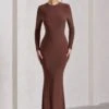 Starring | Chocolate Brown Long-Sleeve Backless Fishtail Maxi Dress -ENY Clothing Shop WB HR CL129776106 StarringChocolateBrownLong SleeveBacklessFishtailMaxiDress7