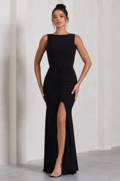 My Presence | Black Ruched Fishtail Split Maxi Dress
