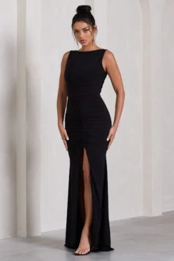 My Presence | Black Ruched Fishtail Split Maxi Dress -ENY Clothing Shop WB HR CL129780002 MyPresenceBlackRuchedFishtailSplitMaxiDress2