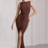 My Presence | Chocolate Brown Low-Back Fishtail Split Maxi Dress -ENY Clothing Shop WB HR CL129780106 MyPresenceChocolateBrownLow BackFishtailSplitMaxiDress2