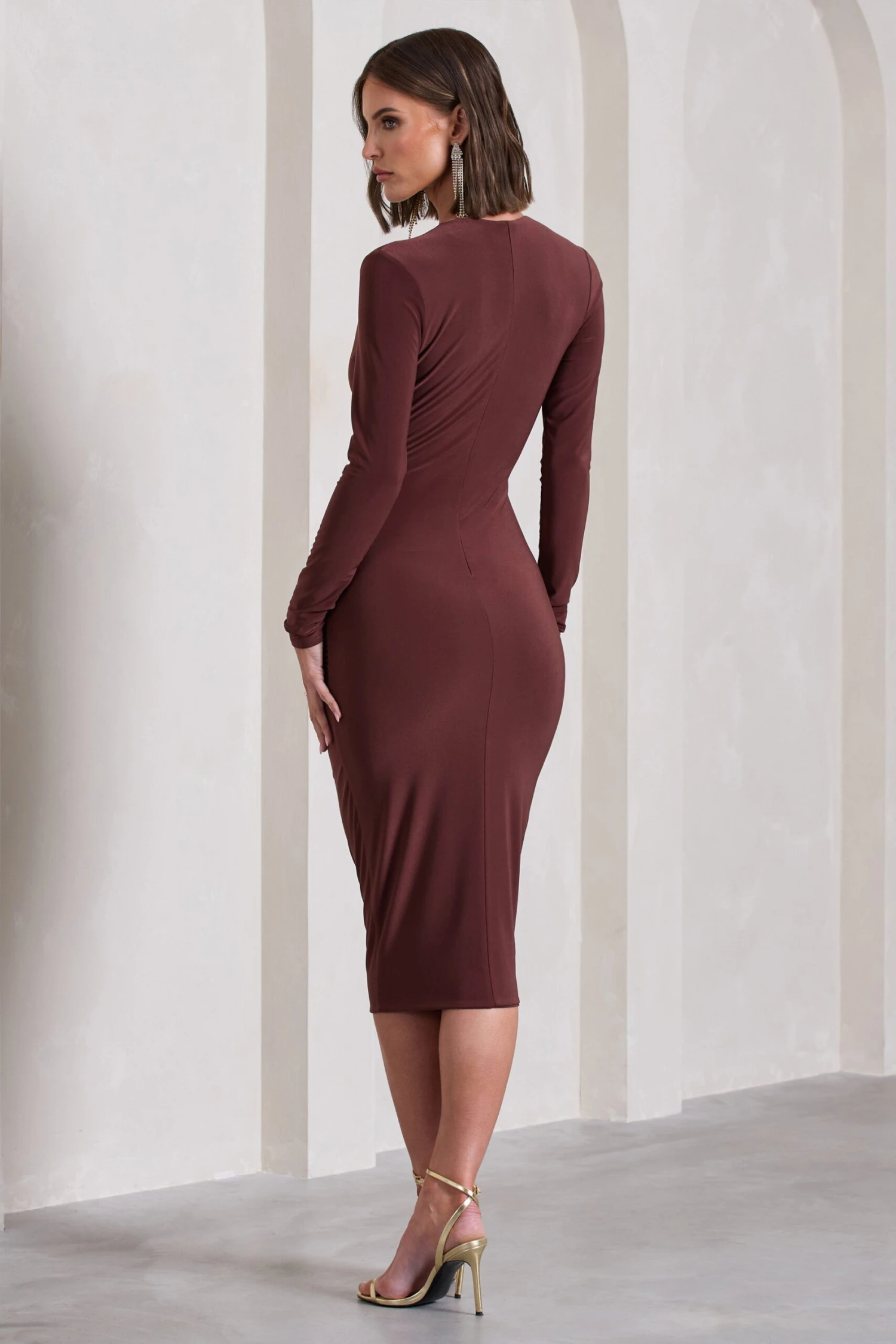 Marcia | Chocolate Brown Bodycon Plunge-Neck Midi Dress 4 Marcia | Chocolate Brown Bodycon Plunge-Neck Midi Dress - Image 2