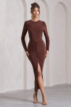Katy | Chocolate Ruched Long-Sleeve Split Maxi Dress -ENY Clothing Shop WB HR CL129795067 KatyChocolateRuchedLong SleeveSplitMaxiDressCHOCOLATE2