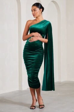 Gianna | Bottle Green Velvet Maternity One Shoulder Cape Bodycon Midi Dress -ENY Clothing Shop WB HR CL129814047 GiannaBottleGreenVelvetMaternityOneShoulderCapeBodyconMidiDress0