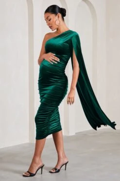 Gianna | Bottle Green Velvet Maternity One Shoulder Cape Bodycon Midi Dress -ENY Clothing Shop WB HR CL129814047 GiannaBottleGreenVelvetMaternityOneShoulderCapeBodyconMidiDress2 2612093f 4f8b 40f4 9065 d62fb09fbc91