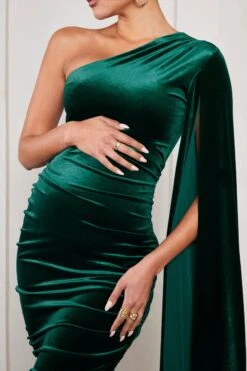 Gianna | Bottle Green Velvet Maternity One Shoulder Cape Bodycon Midi Dress -ENY Clothing Shop WB HR CL129814047 GiannaBottleGreenVelvetMaternityOneShoulderCapeBodyconMidiDress5