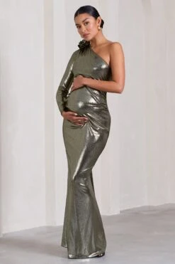 Rosepetal | Silver Metallic Asymmetric Maternity Maxi Dress With Flower -ENY Clothing Shop WB HR CL129827013 RosepetalSilverMetallicAsymmetricMaternityMaxiDressWithFlower1