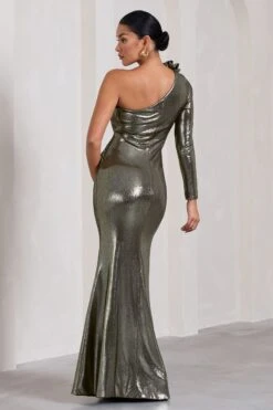 Rosepetal | Silver Metallic Asymmetric Maternity Maxi Dress With Flower -ENY Clothing Shop WB HR CL129827013 RosepetalSilverMetallicAsymmetricMaternityMaxiDressWithFlower3