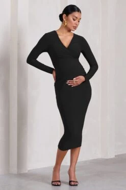 Marcia | Black Bodycon Plunge-Neck Maternity Midi Dress -ENY Clothing Shop WB HR CL129832002 MarciaBlackBodyconPlunge NeckMaternityMidiDress2