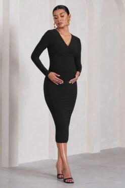 Marcia | Black Bodycon Plunge-Neck Maternity Midi Dress -ENY Clothing Shop WB HR CL129832002 MarciaBlackBodyconPlunge NeckMaternityMidiDress3