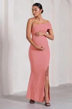 Real Love | Blush Pink Bardot Split Maternity Maxi Dress With Drape Detail -ENY Clothing Shop WB HR CL129842081 RealLoveBlushPinkBardotSplitMaternityMaxiDressWithDrapeDetail1