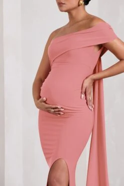 Real Love | Blush Pink Bardot Split Maternity Maxi Dress With Drape Detail -ENY Clothing Shop WB HR CL129842081 RealLoveBlushPinkBardotSplitMaternityMaxiDressWithDrapeDetail5