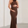 Marissa | Chocolate Brown Halter-Neck Split Maternity Maxi Dress With Flowers -ENY Clothing Shop WB HR CL129846067 MarissaChocolateBrownHalter NeckSplitMaternityMaxiDressWithFlowers0
