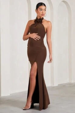 Marissa | Chocolate Brown Halter-Neck Split Maternity Maxi Dress With Flowers -ENY Clothing Shop WB HR CL129846067 MarissaChocolateBrownHalter NeckSplitMaternityMaxiDressWithFlowers2