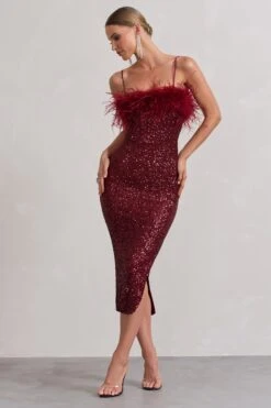 In Your Head | Plum Sequin Strappy Midi Dress With Feathers -ENY Clothing Shop WB HR CL129925112 InYourHead PlumSequinStrappyMidiDressWithFeathers0
