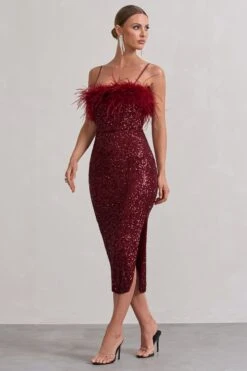 In Your Head | Plum Sequin Strappy Midi Dress With Feathers -ENY Clothing Shop WB HR CL129925112 InYourHead PlumSequinStrappyMidiDressWithFeathers3