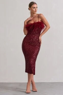 In Your Head | Plum Sequin Strappy Midi Dress With Feathers