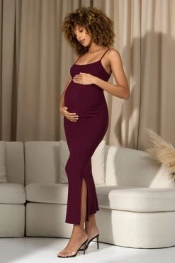 Oakley | Burgundy Strappy Square-Neck Split Maternity Maxi Dress -ENY Clothing Shop WB HR CL129948069 OakleyBurgundyStrappySquare NeckSplitMaternityMaxiDress0