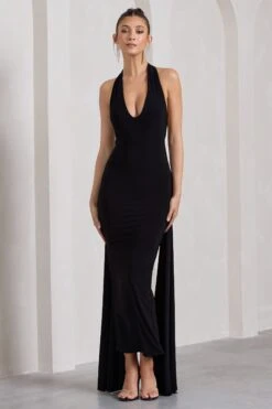 Veronica | Black Plunge Sleeveless Open-Back Maxi Dress With Drape Detail -ENY Clothing Shop WB HR CL130007002 VeronicaBlackPlungeSleevelessOpen BackMaxiDressWithScarfDetail1