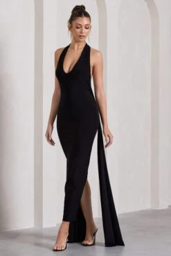 Veronica | Black Plunge Sleeveless Open-Back Maxi Dress With Drape Detail -ENY Clothing Shop WB HR CL130007002 VeronicaBlackPlungeSleevelessOpen BackMaxiDressWithScarfDetail2