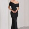 Dana | Black Bardot Maxi Dress With Short Gathered Sleeves -ENY Clothing Shop WB HR CL130015002 DanaBlackBardotMaxiDressWithShortGatheredSleeves3