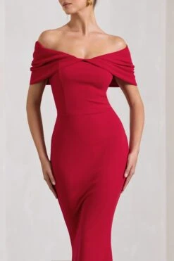 Dana | Red Bardot Maxi Dress With Short Gathered Sleeves -ENY Clothing Shop WB HR CL130015004 DanaRedBardotMaxiDressWithShortGatheredSleeves4