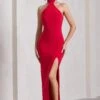 Pamela | Red Halter-Neck Sleeveless Split Maxi Dress