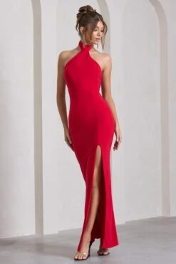 Pamela | Red Halter-Neck Sleeveless Split Maxi Dress 10 Pamela | Red Halter-Neck Sleeveless Split Maxi Dress -ENY Clothing Shop WB HR CL130021004 PamelaRedHalter NeckSleevelessSplitMaxiDress1