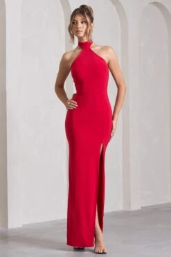 Pamela | Red Halter-Neck Sleeveless Split Maxi Dress 9 Pamela | Red Halter-Neck Sleeveless Split Maxi Dress -ENY Clothing Shop WB HR CL130021004 PamelaRedHalter NeckSleevelessSplitMaxiDress2