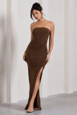 Dawning | Chocolate Brown Bandeau Knotted Split Maxi Dress 10 Dawning | Chocolate Brown Bandeau Knotted Split Maxi Dress -ENY Clothing Shop WB HR CL130025167 DawningChocolateBrownBandeauSplitMaxiDressWithKnotDetail3