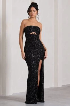 Illuminate | Black Sequin Bandeau Cut Out Split Maxi Dress -ENY Clothing Shop WB HR CL130033002 IlluminateBlackSequinBandeauCutOutSplitMaxiDress0