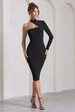 Liz | Black Asymmetric Halter-Neck Open-Back Midi Dress With Sash -ENY Clothing Shop WB HR CL130071002 Liz BlackAsymmetricHalter NeckOpen BackMidiDressWithSashBLACK0