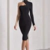 Liz | Black Asymmetric Halter-Neck Open-Back Midi Dress With Sash -ENY Clothing Shop WB HR CL130071002 Liz BlackAsymmetricHalter NeckOpen BackMidiDressWithSashBLACK3