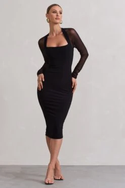 Off Track | Black Bodycon Midi Dress With Sheer Sleeves -ENY Clothing Shop WB HR CL131062002 OffTrackBlackBodyconMidiDressWithSheerSleeves0
