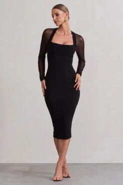 Off Track | Black Bodycon Midi Dress With Sheer Sleeves -ENY Clothing Shop WB HR CL131062002 OffTrackBlackBodyconMidiDressWithSheerSleeves1
