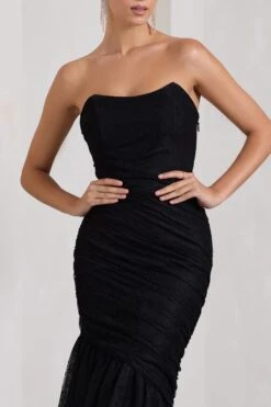 Encapsulate | Black Lace Ruched Strapless Fishtail Maxi Dress -ENY Clothing Shop WB HR CL132005002 EncapsulateBlackLaceRuchedStraplessFishtailMaxiDress5