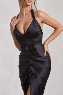Rebecca | Black Satin Plunge Halter-Neck Open-Back Split Maxi Dress -ENY Clothing Shop WB HR CL133050002 Rebecca BlackSatinPlungeHalter NeckOpen BackSplitMaxiDressBLACK8