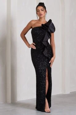 Award | Black Sequin Asymmetric Cut-Out Split Maxi Dress With Ruffle Detail -ENY Clothing Shop WB HR CL133126002 AwardBlackSequinAsymmetricCut OutSplitMaxiDressWithFlowerDetail2
