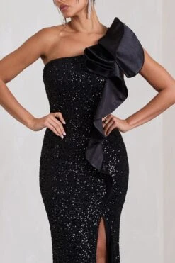 Award | Black Sequin Asymmetric Cut-Out Split Maxi Dress With Ruffle Detail -ENY Clothing Shop WB HR CL133126002 AwardBlackSequinAsymmetricCut OutSplitMaxiDressWithFlowerDetail4