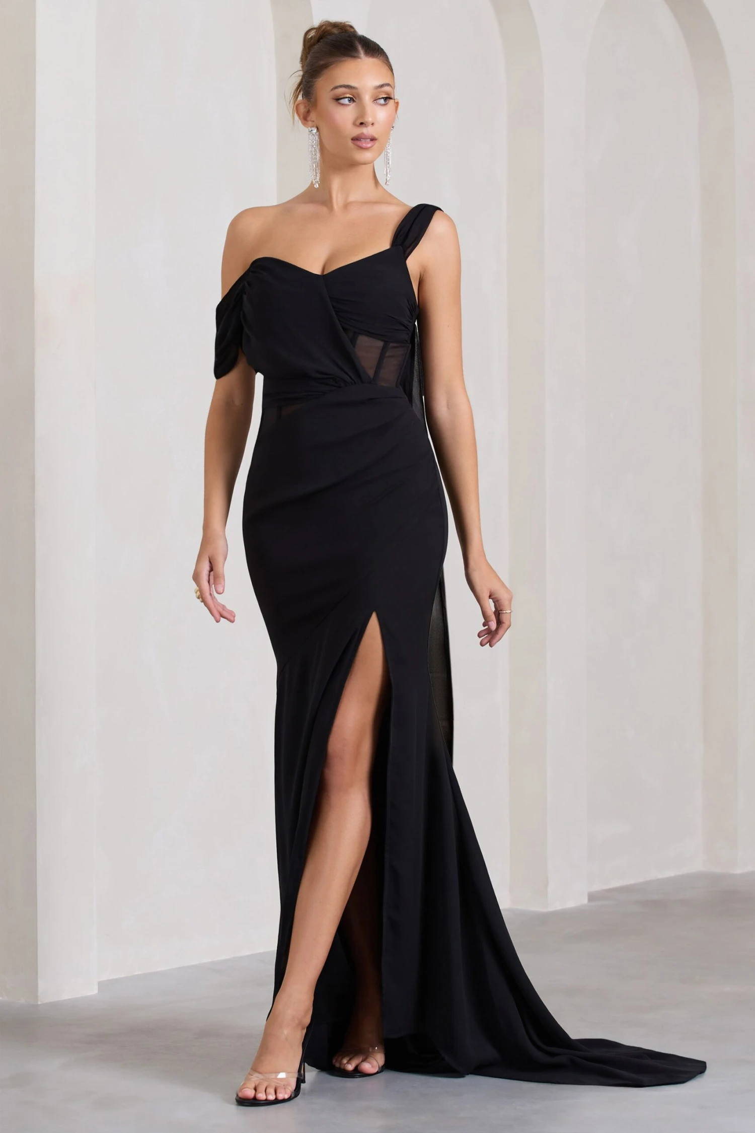 Fatal Attraction | Black Chiffon Fishtail Maxi Dress With Draped Sleeves 6 Fatal Attraction | Black Chiffon Fishtail Maxi Dress With Draped Sleeves - Image 4