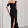 Fatal Attraction | Black Chiffon Fishtail Maxi Dress With Draped Sleeves