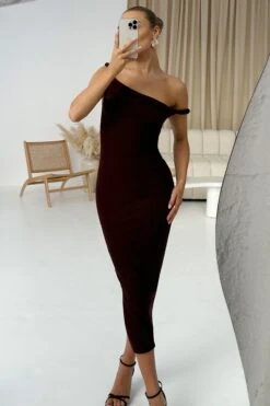 Salome | Chocolate Brown Twisted Asymmetric Midi Dress -ENY Clothing Shop WB HR IMG 3598