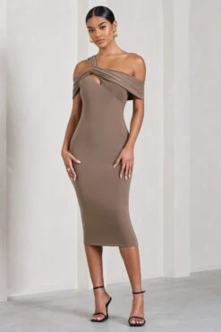 Chain Reaction | Mocha Strappy Asymmetric Bodycon Midi Dress -ENY Clothing Shop WB S CL128822038 ChainReaction MochaStrappyAsymmetricBodyconMidiDress0