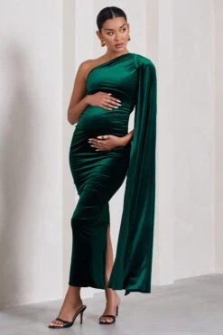 Amaryllis | Bottle Green Velvet Maternity One Shoulder Maxi Dress With Cape Sleeve -ENY Clothing Shop WB WB CC CL129810047 AmaryllisBottleGreenVelvetMaternityOneShoulderMaxiDresswithCapeSleeve2